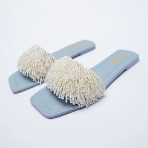 Zara Shoes Zara Pearl Slide Sandals With Blue Insole Poshmark